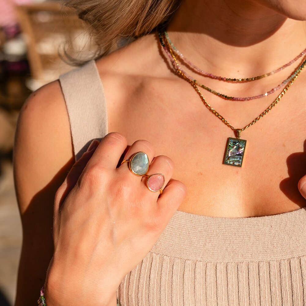 BEAUTIFUL STATEMENT Necklace Mother of Pearl Pendant on 18K Gold Figaro Chain